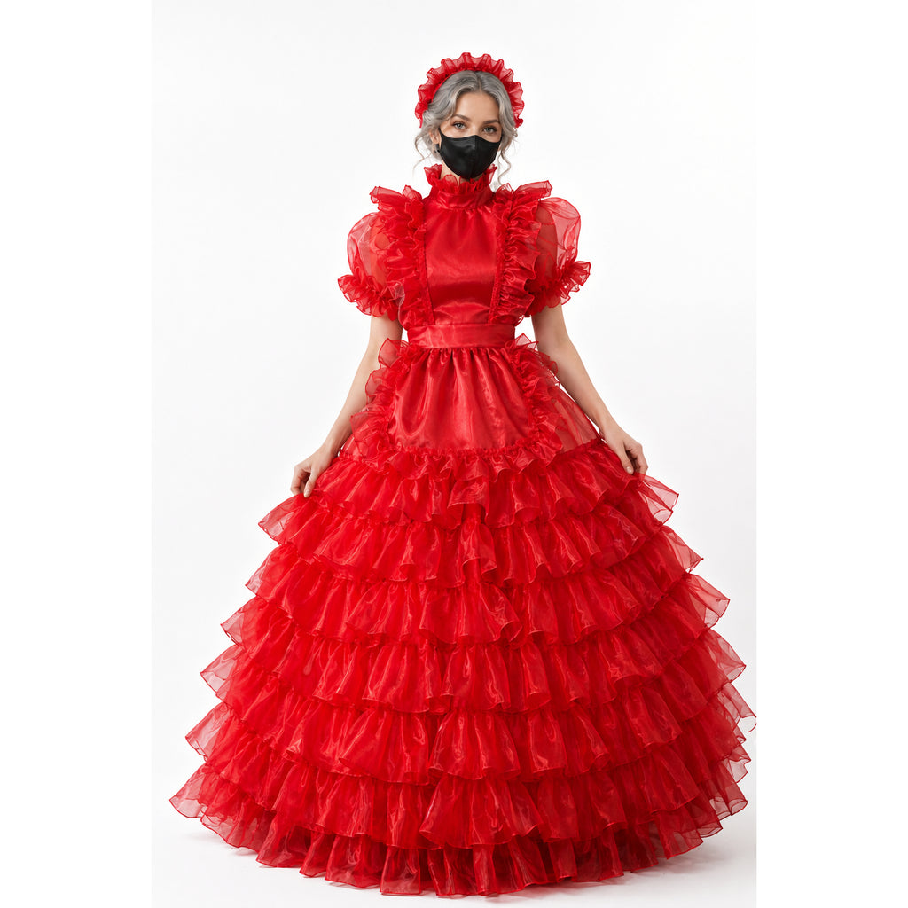 Red sissy maid dress with ruffled layers, puffed sleeves, and matching headpiece for costume fashion