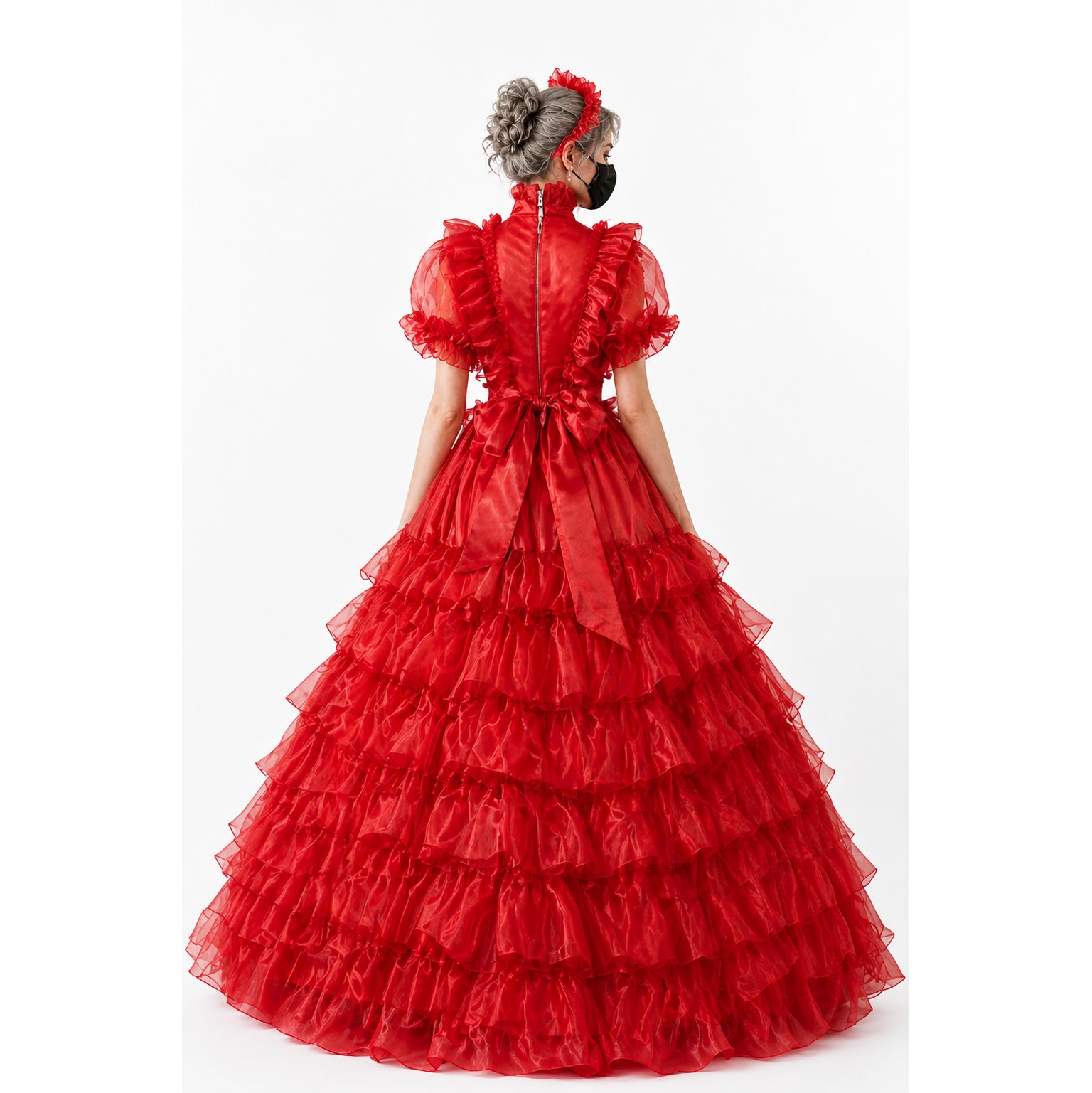 Red sissy maid dress with ruffles, bow, and zipper back, shown from behind