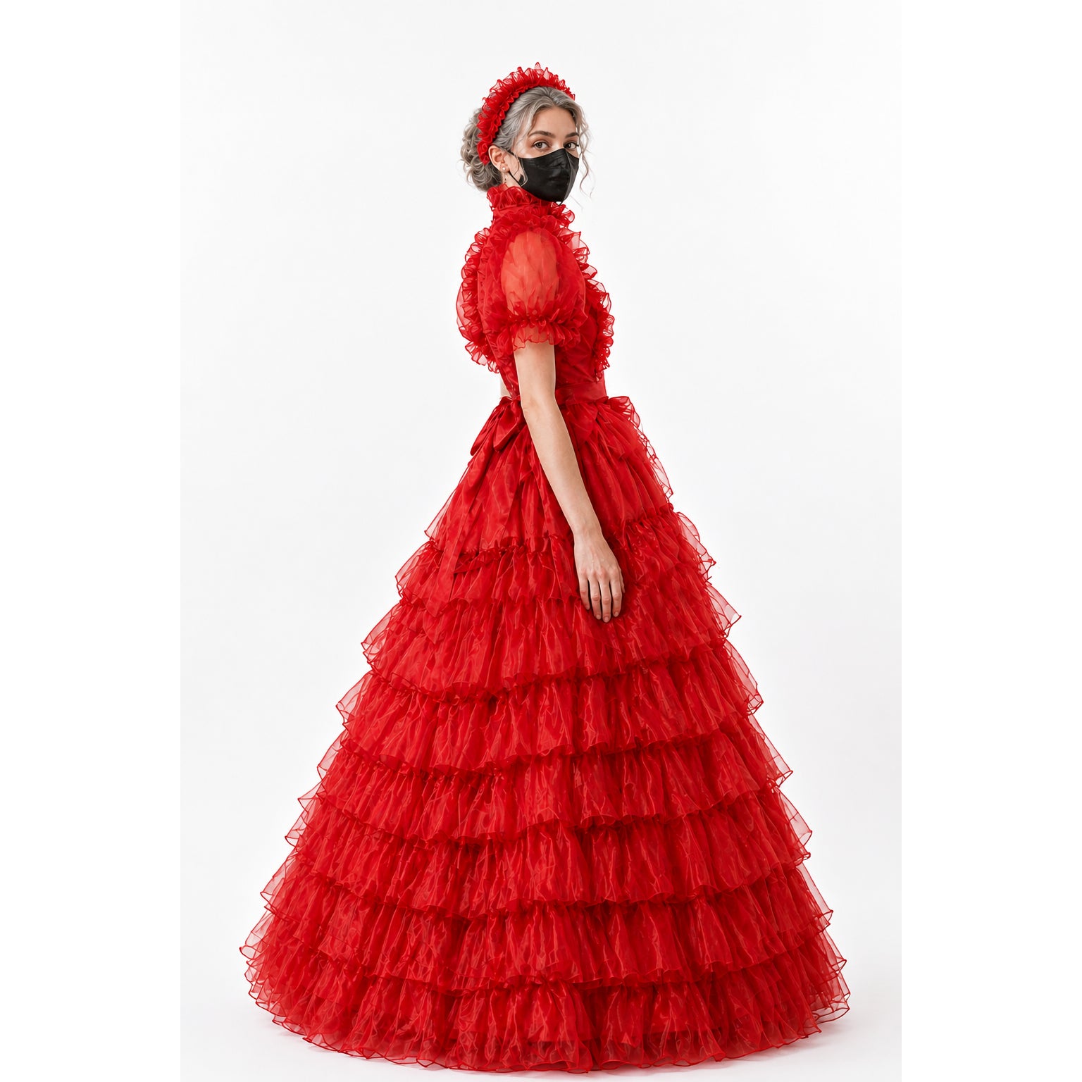 Red ruffled sissy maid dress with tiered skirt and matching headband, elegant costume fashion