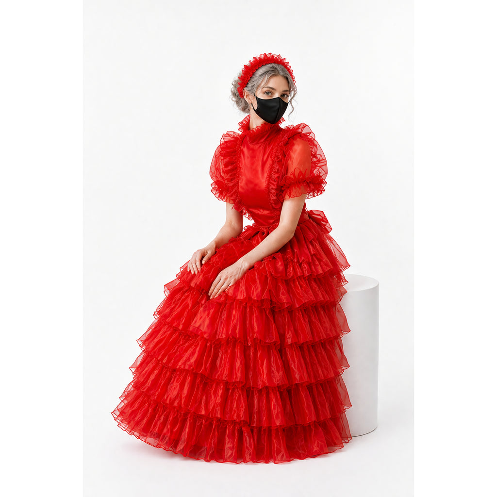 Red ruffled sissy maid dress with layered tulle skirt and matching headband, worn by model on white pedestal.