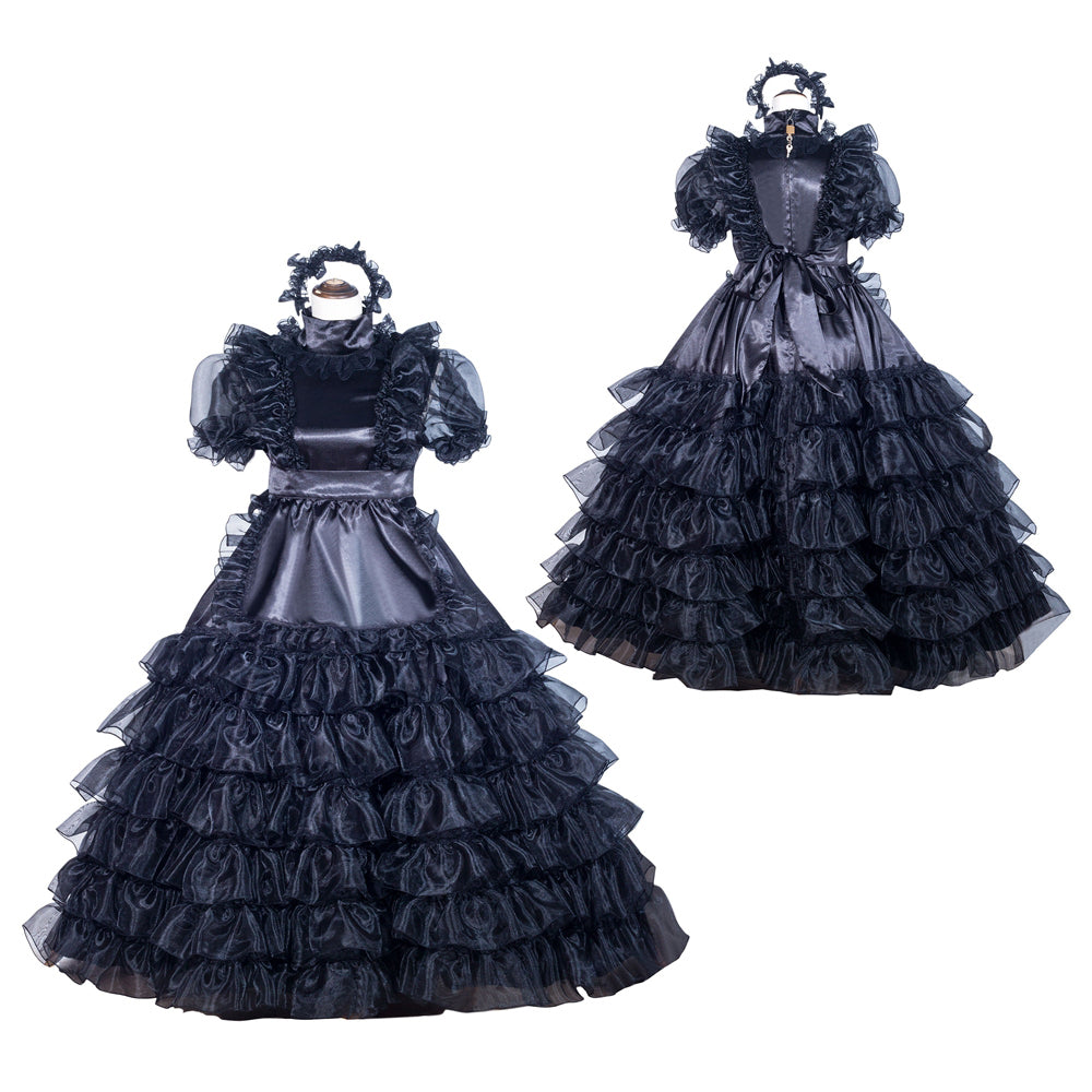 Black sissy maid dress with ruffled layers, puff sleeves, and lace headpiece, elegant gothic style costume