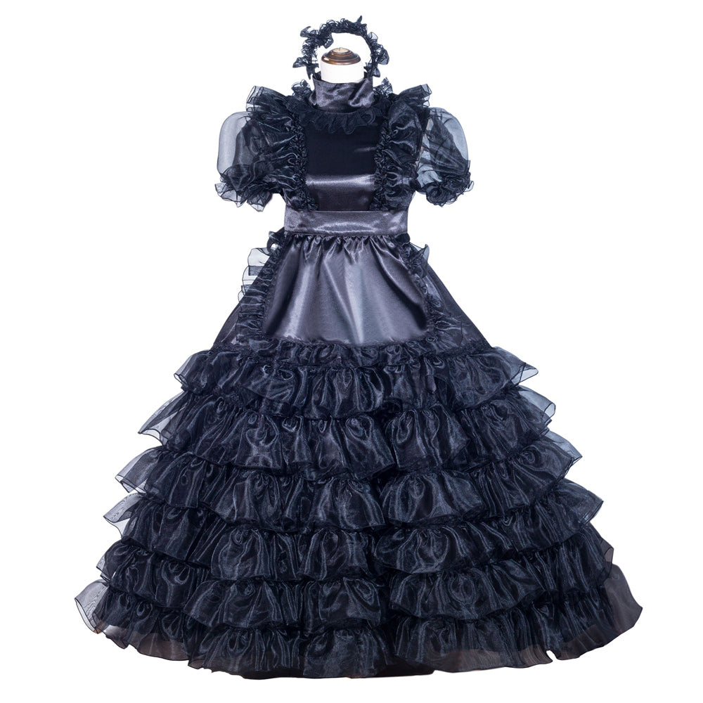 Black sissy maid dress with ruffled layers, sheer sleeves, and matching headpiece for elegant costume fashion