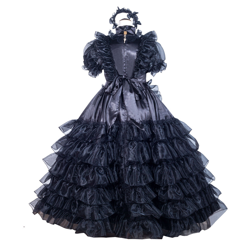 Black sissy maid dress with ruffled layers, satin bodice, and matching headpiece for elegant costume fashion