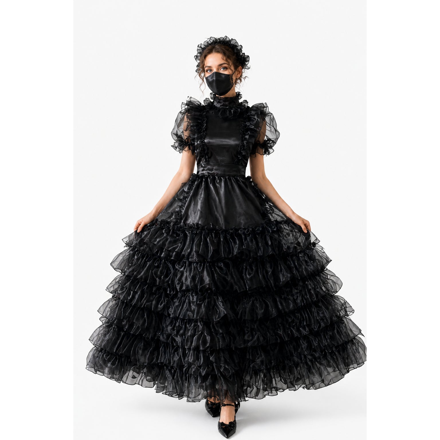 Black sissy maid dress with ruffled layers, sheer sleeves, and matching headpiece for elegant costume fashion.