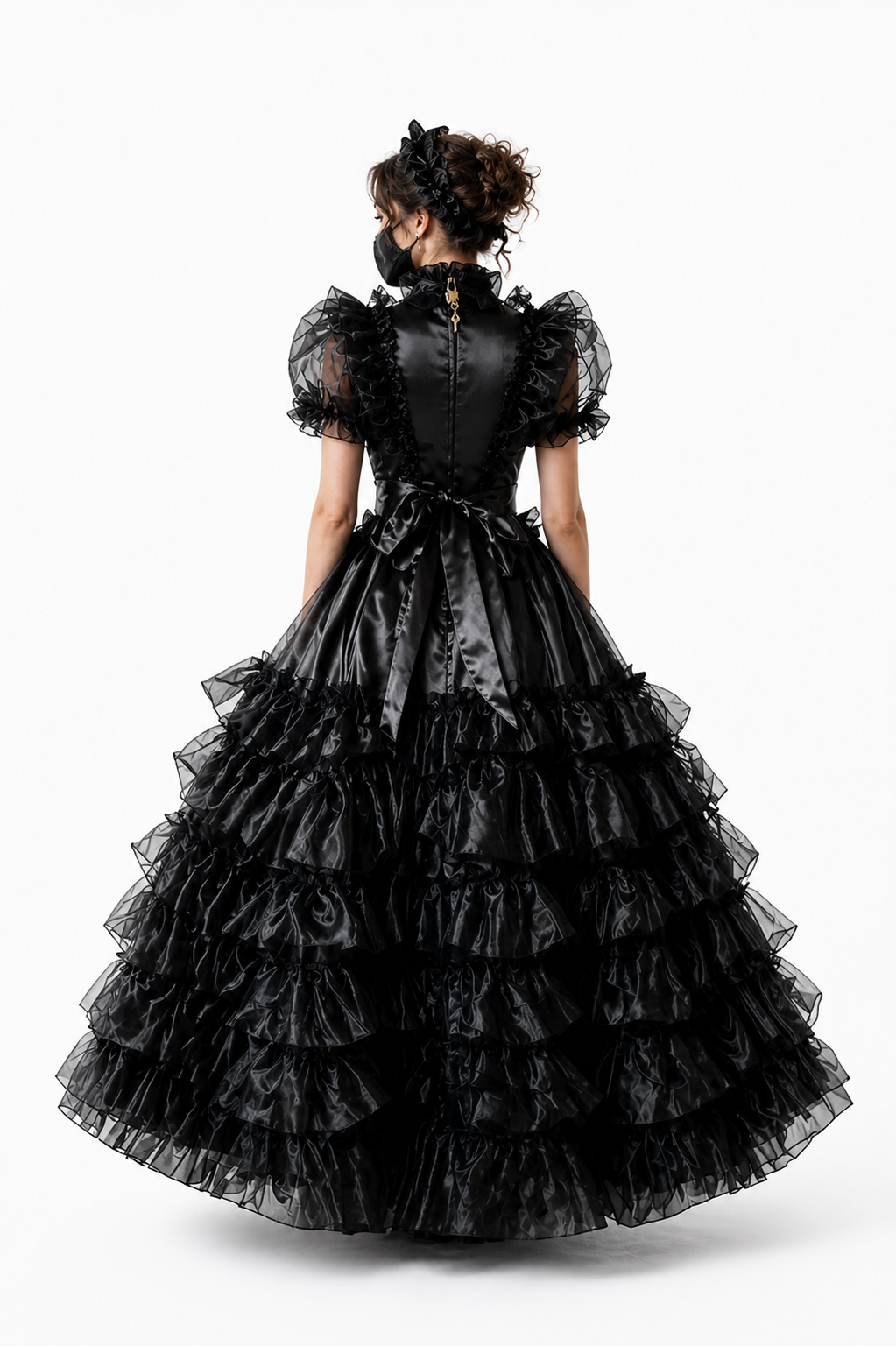 Schwarzes Satin- & Organzakleid G4025