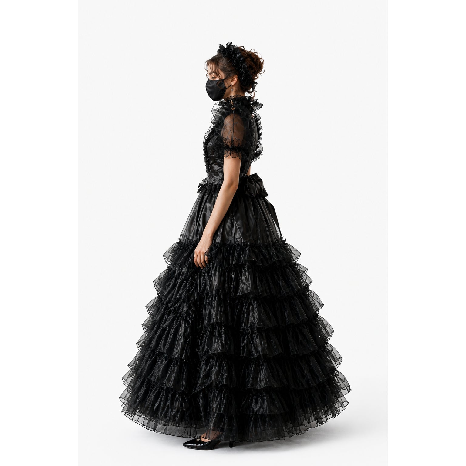 Black sissy maid dress with ruffled layers, sheer sleeves, and elegant silhouette for costume fashion