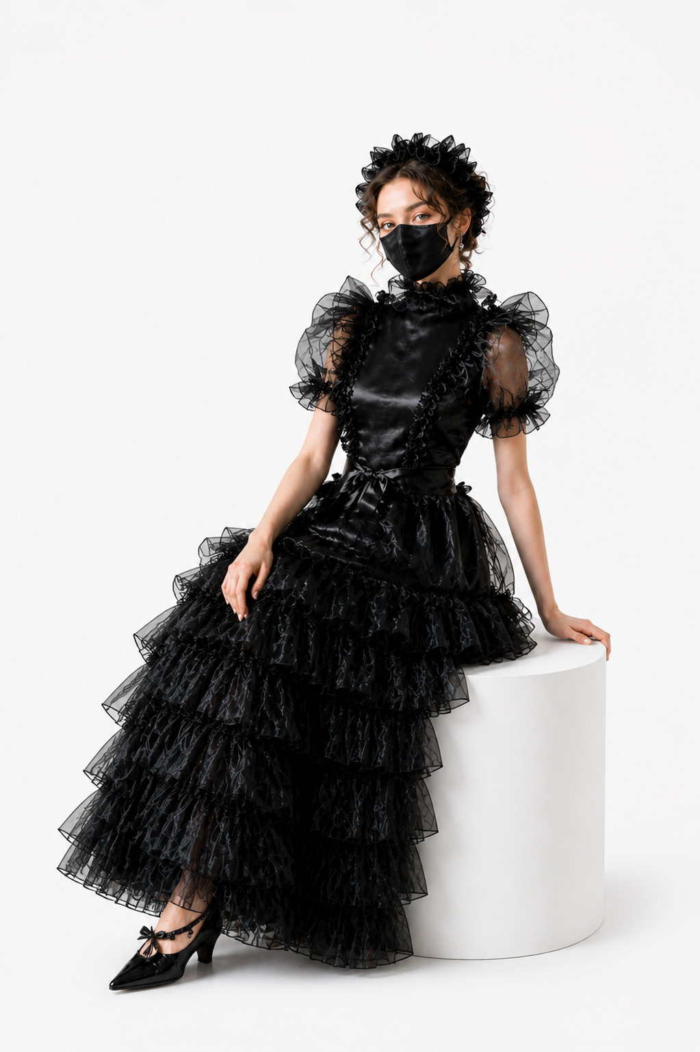 Black Satin & Organza Dress G4025