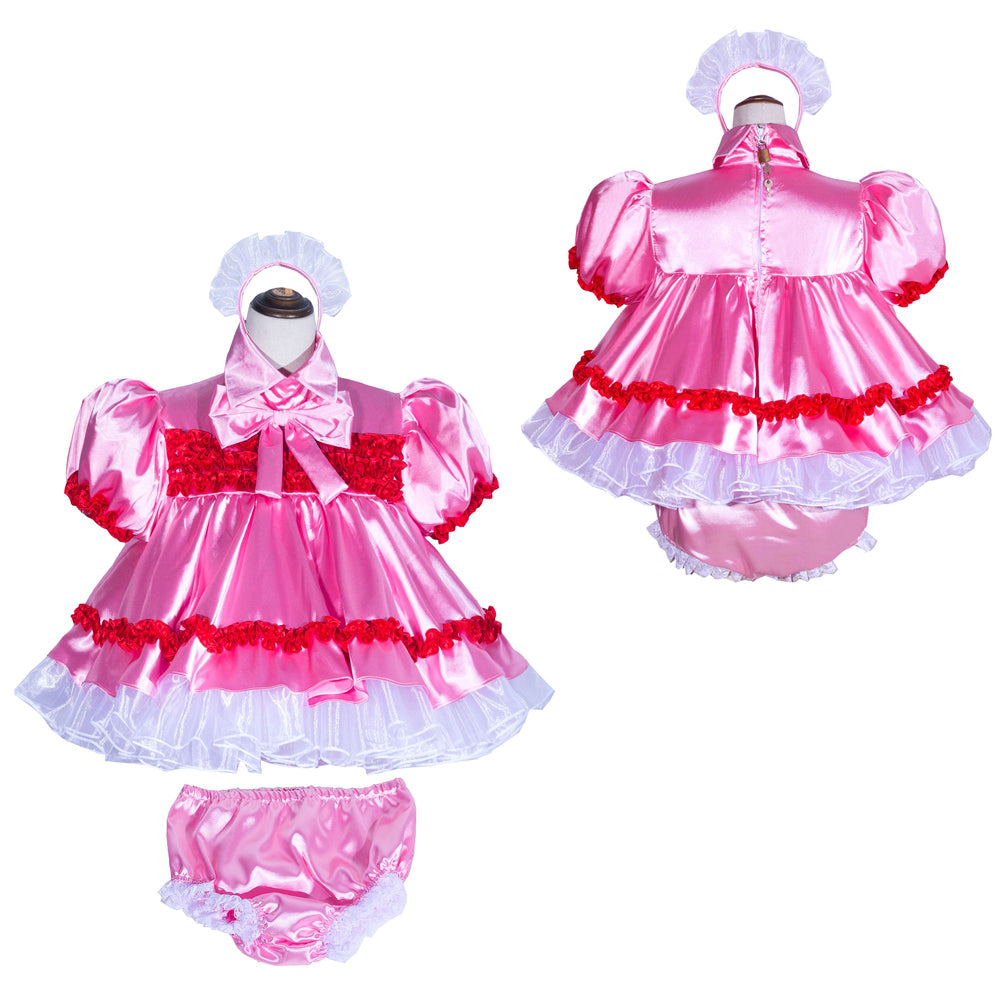 Pink sissy maid dress set with red trim, white ruffles, and matching panties, shown front and back