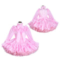 Pink sissy maid dress with ruffles, bow, and striped fabric, shown front and back