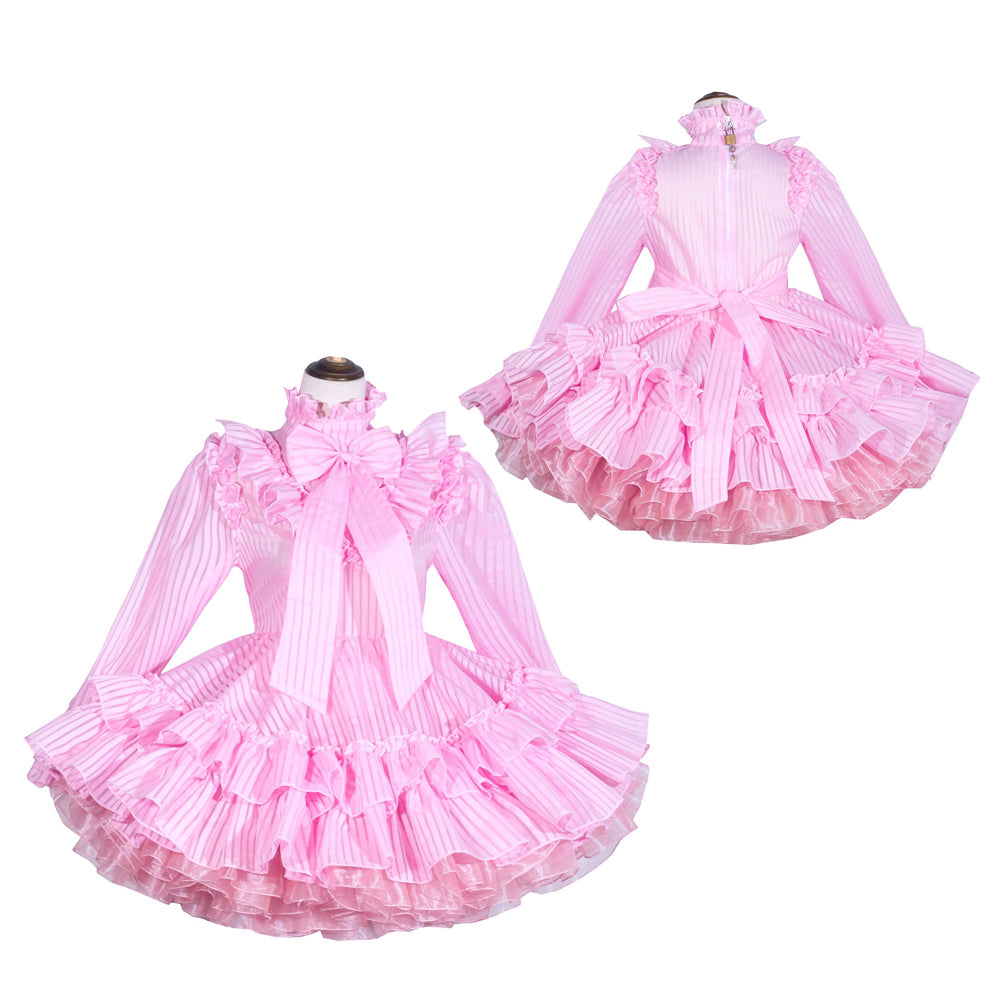 Pink sissy maid dress with ruffles, bow, and striped fabric, shown front and back
