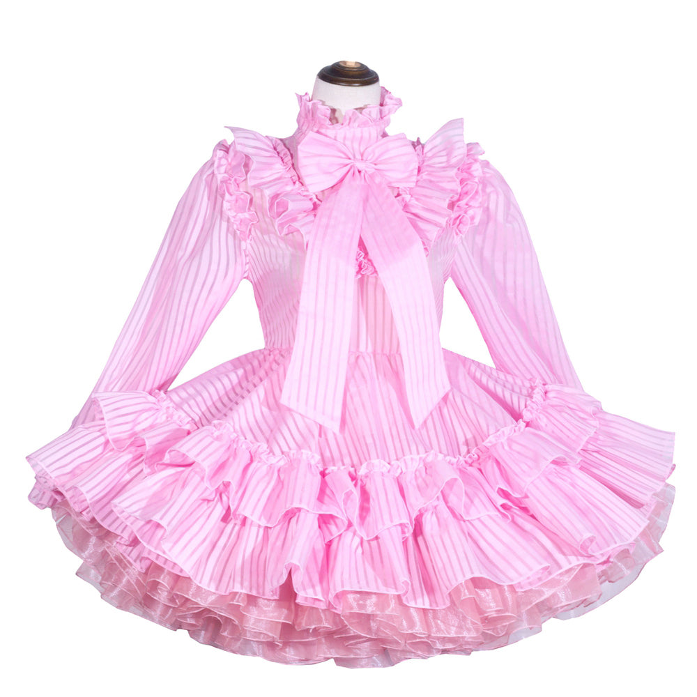 Pink sissy maid dress with ruffles, bow, and striped fabric on mannequin