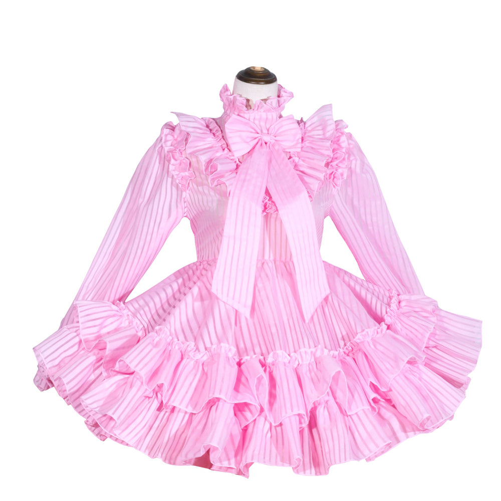 Pink sissy maid dress with ruffles, bow, and striped fabric on mannequin