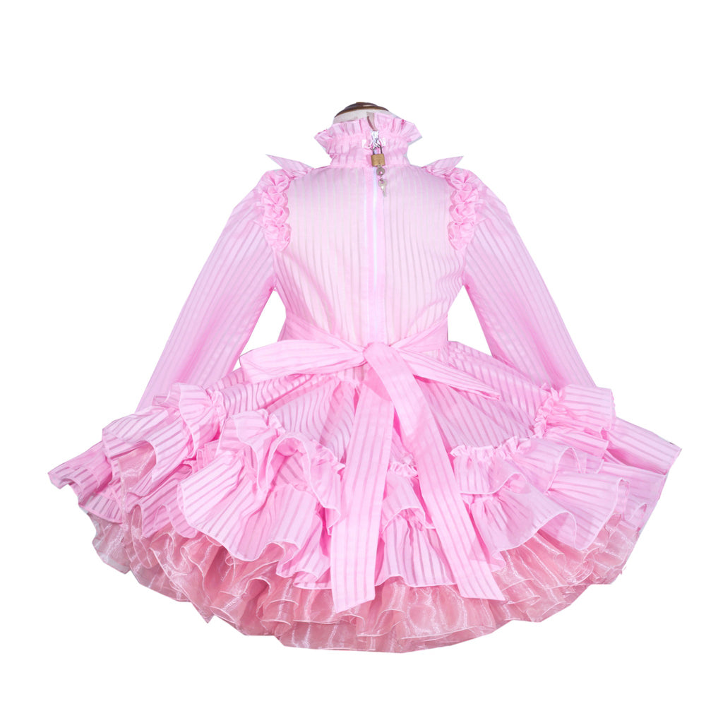 Pink sissy maid dress with ruffles, bow, and striped fabric, back view