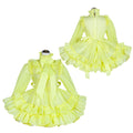 Yellow sissy maid dress with ruffles, bow, and striped fabric, shown front and back