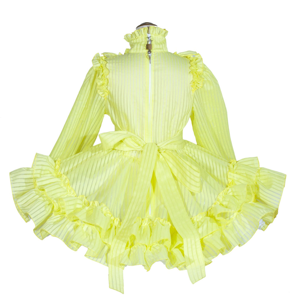 Yellow sissy maid dress with ruffles, bow, and lockable back zipper, French-style boutique costume