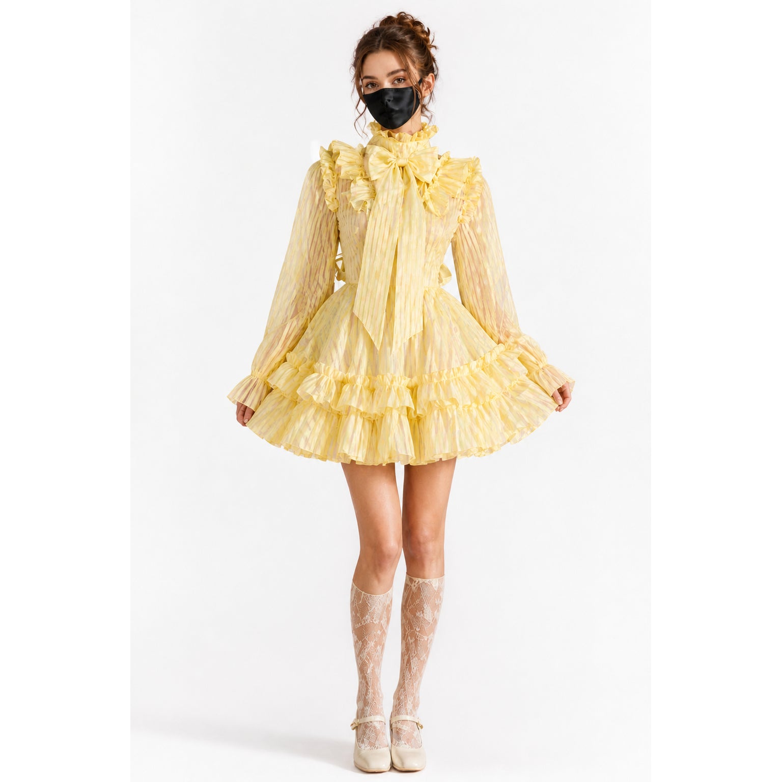 Yellow ruffled sissy maid dress with bow, lace stockings, and heels