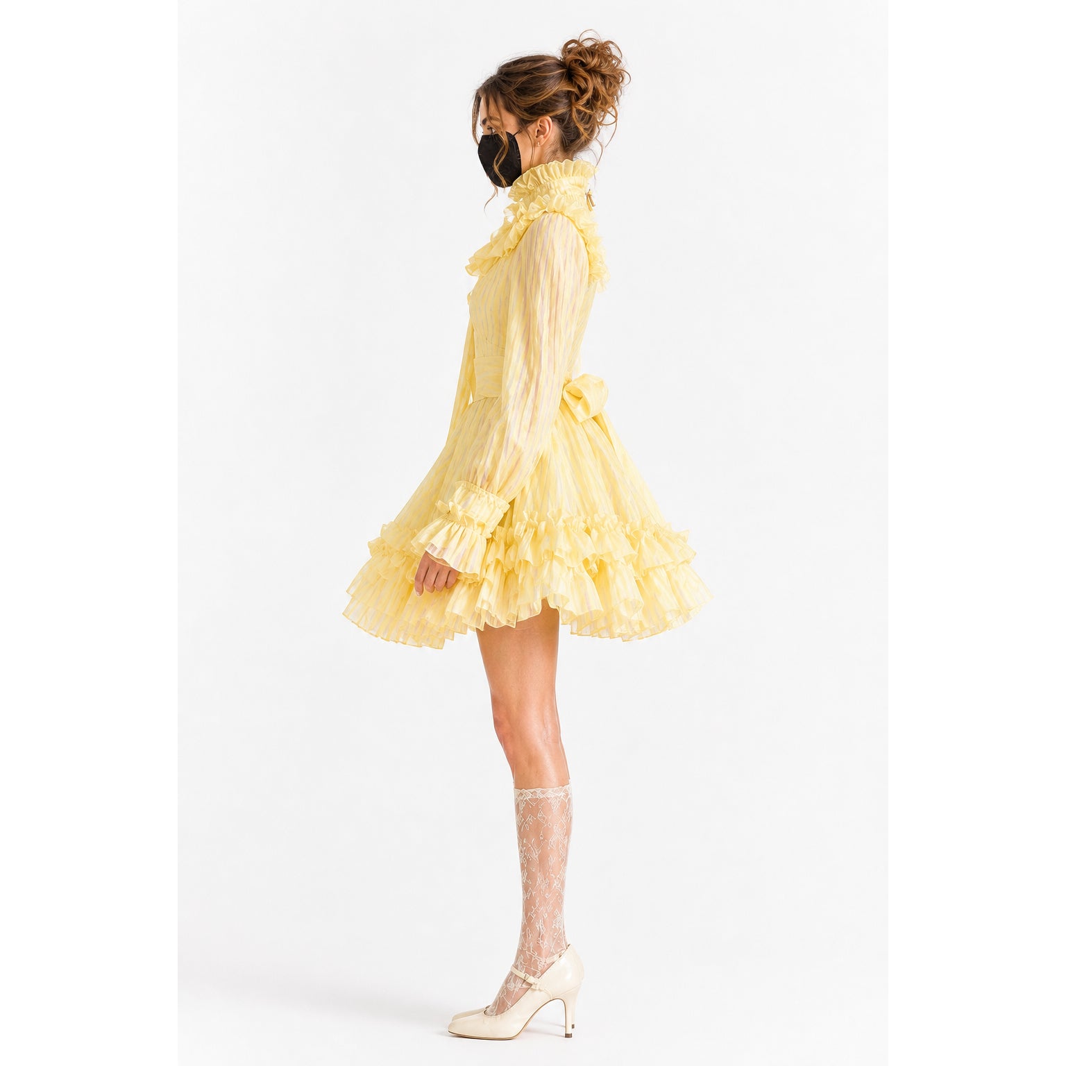 Yellow ruffled sissy maid dress with lace stockings and heels