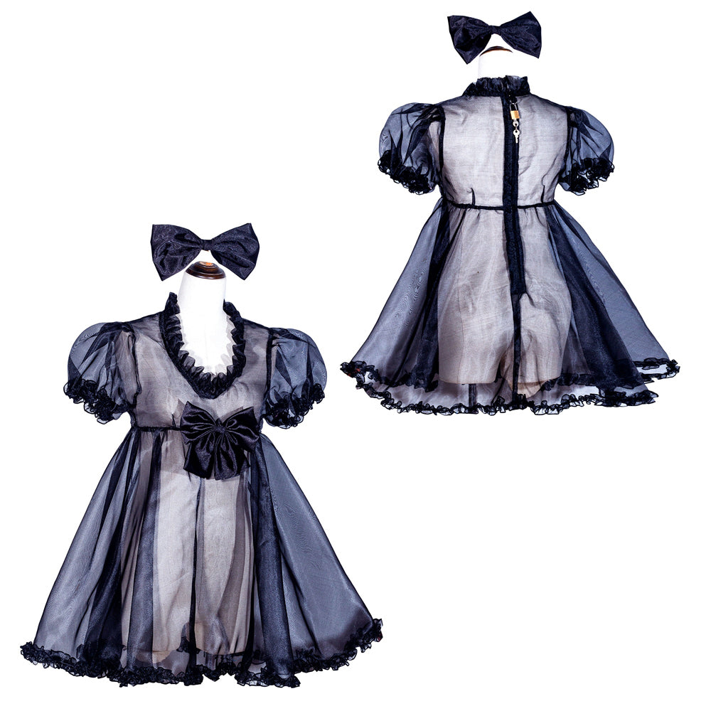 Black sheer sissy maid dress with lace trim, puff sleeves, front bow, and back zipper, paired with matching headband