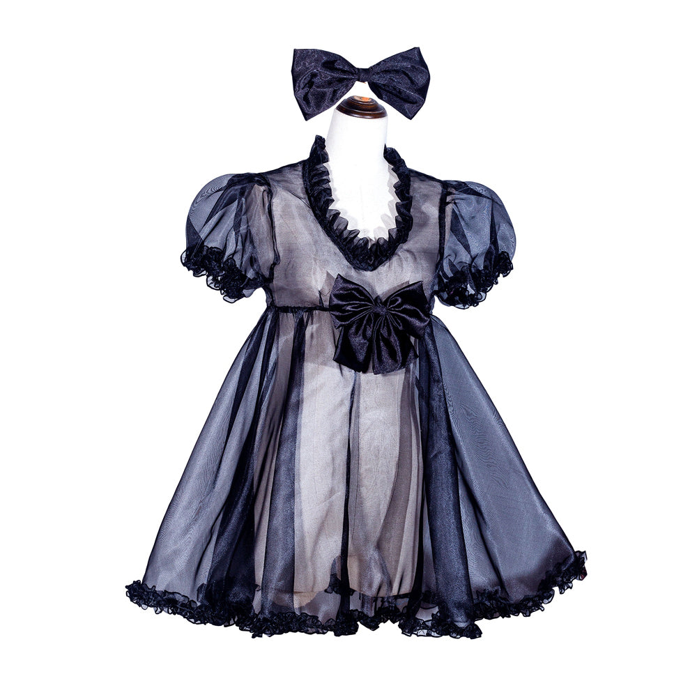 Black sissy maid dress with sheer overlay, ruffles, puff sleeves, and bow detail on mannequin