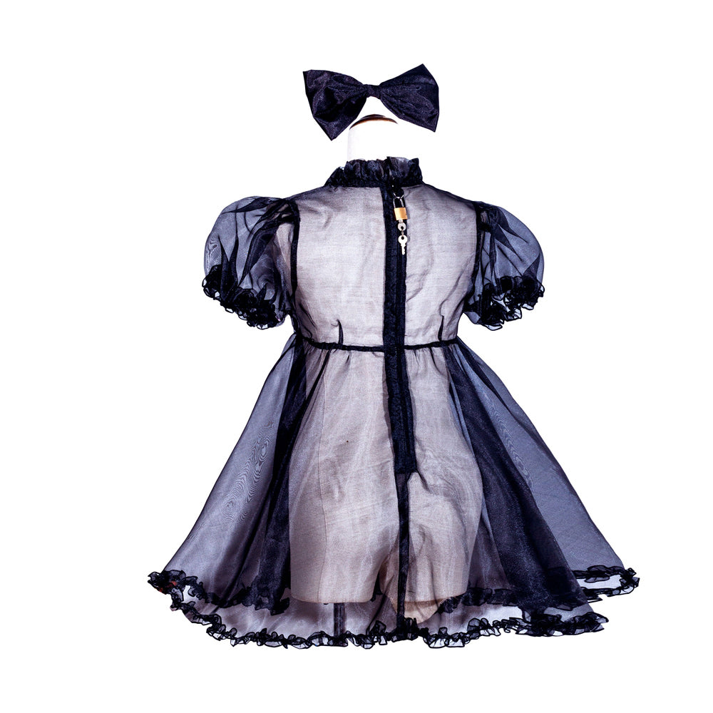 Black sissy maid dress with sheer overlay, puff sleeves, lace trim, and lockable back zipper, paired with matching bow headband.