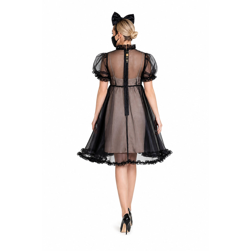 Black sheer sissy maid dress with lace trim, bow headband, and back zipper detail