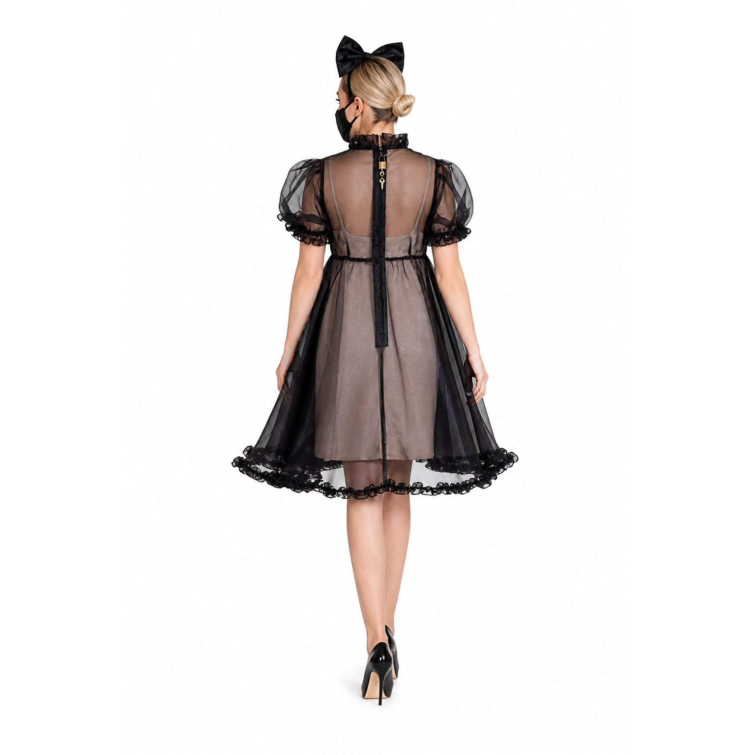 Black sheer sissy maid dress with lace trim, bow headband, and back zipper detail