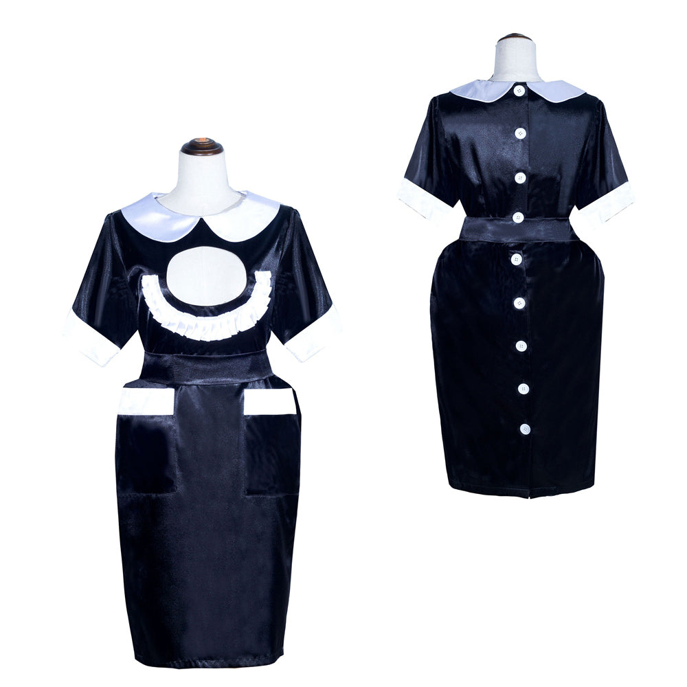 Black sissy maid dress with white collar, ruffles, and front buttons, displayed on mannequins