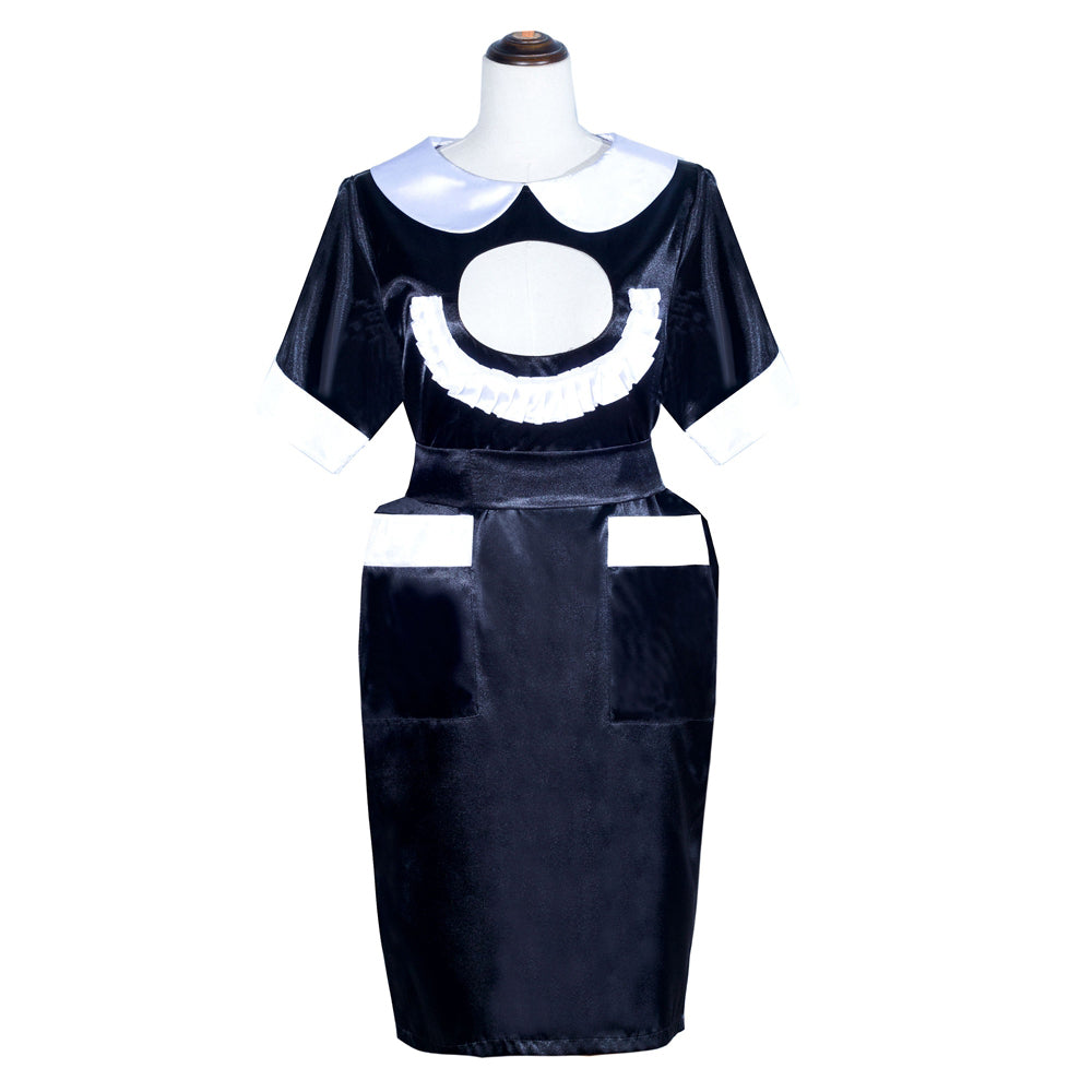 Black sissy maid dress with white collar, ruffles, and apron pockets on mannequin