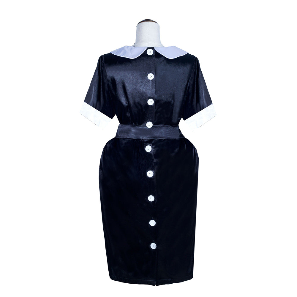 Black sissy maid dress with white collar and buttons, elegant French-style costume