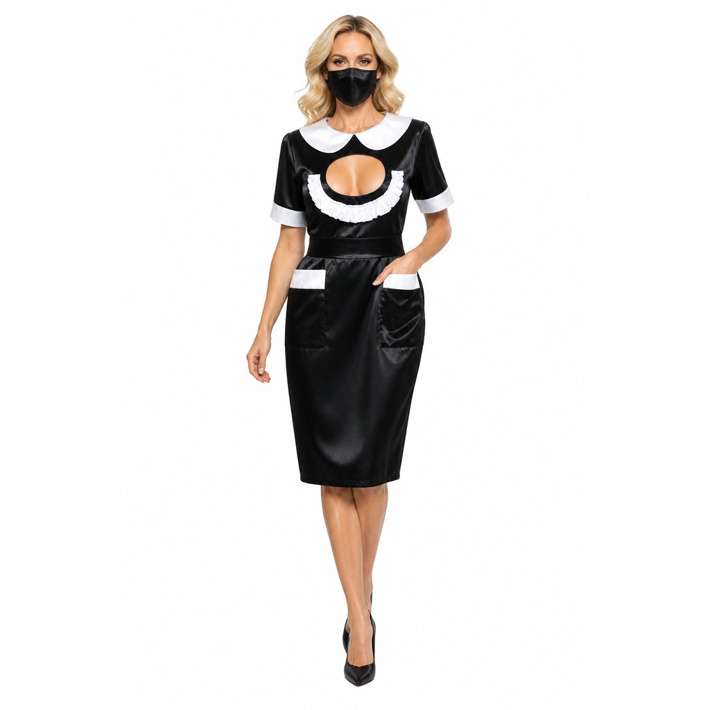 Black satin sissy maid dress with white collar, ruffles, and pockets, featuring a bold cutout design.