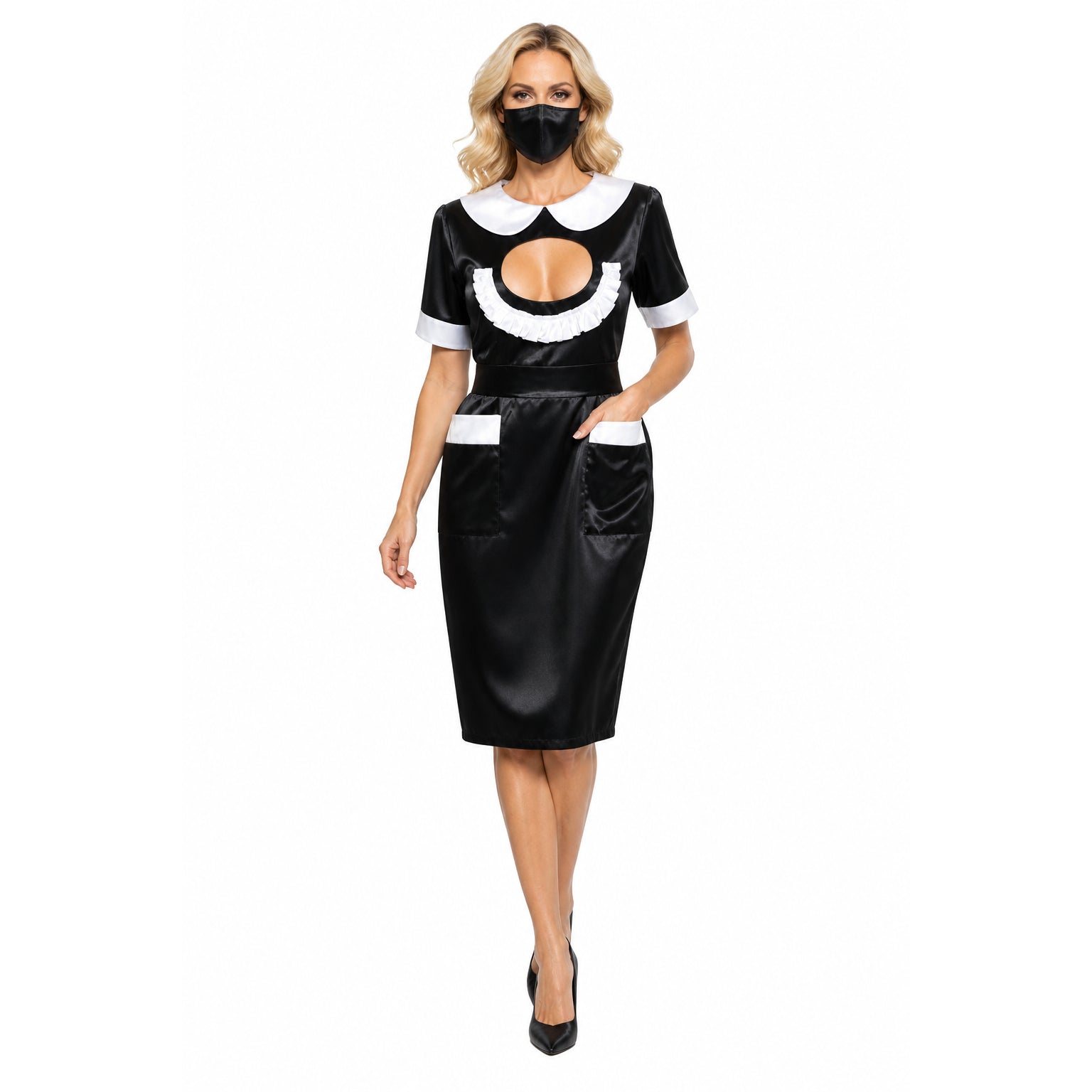 Black satin sissy maid dress with white collar, ruffles, and pockets, featuring a bold cutout design.