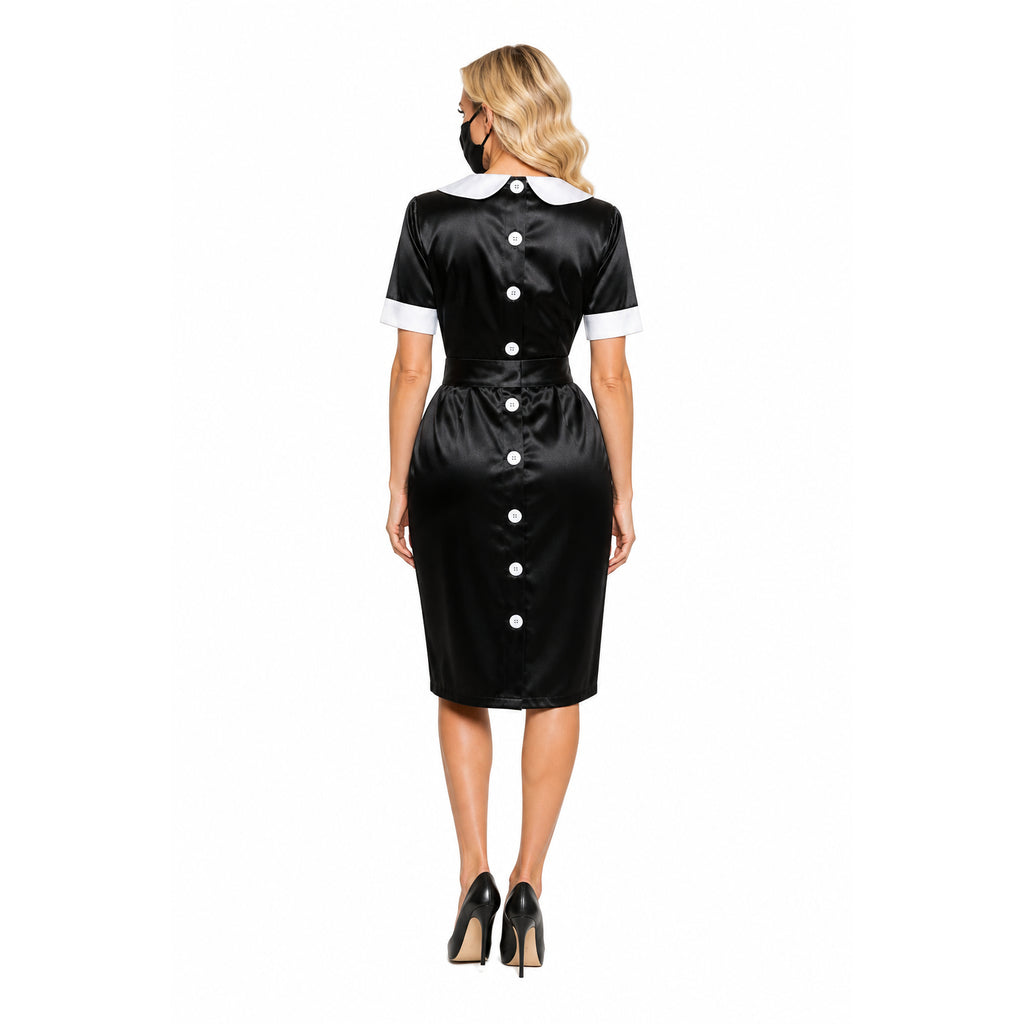 Black satin sissy maid dress with white collar, cuffs, and back buttons, worn with heels