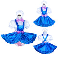 Blue sissy maid dress with pink bow, white blouse, and ruffled skirt