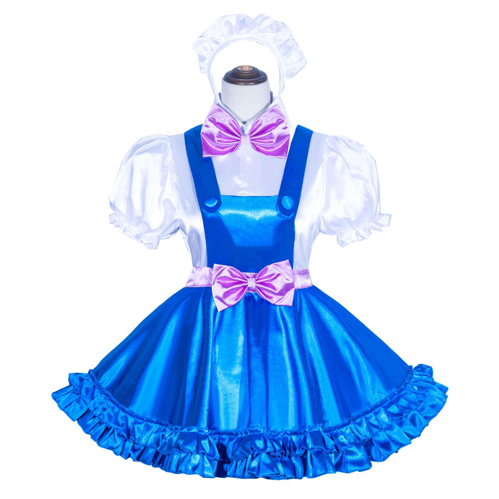 Blue sissy maid dress with pink bows, white blouse, and ruffled skirt