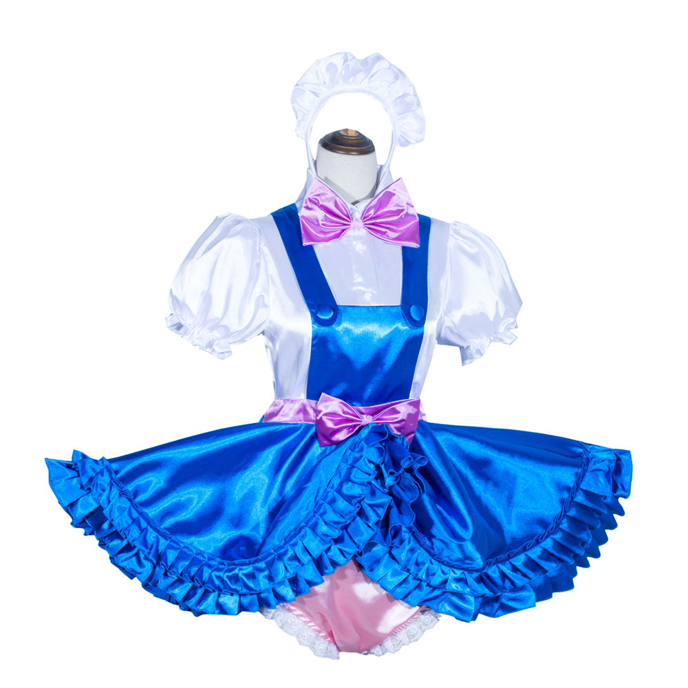 Blue sissy maid dress with pink bow, ruffles, and white blouse for costume fashion