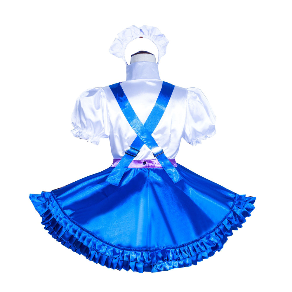 Blue satin sissy maid dress with white blouse, ruffled skirt, and matching headpiece