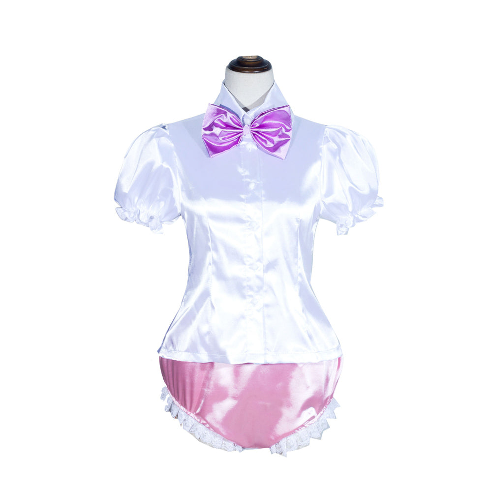 White satin sissy maid blouse with purple bow and pink lace-trimmed panties, boutique costume set