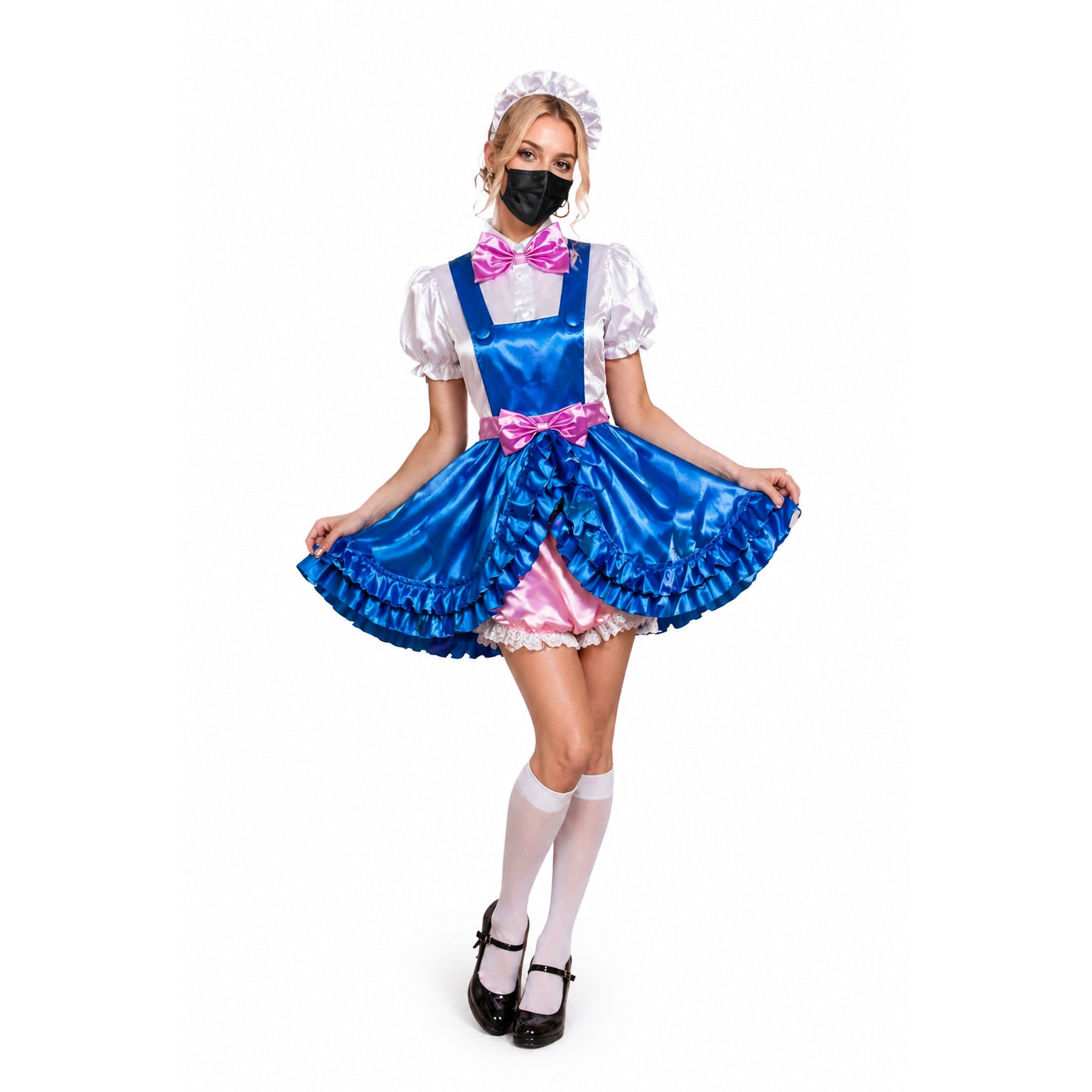 Blue satin sissy maid dress with pink bow, white blouse, and ruffled skirt, paired with white stockings and black shoes.