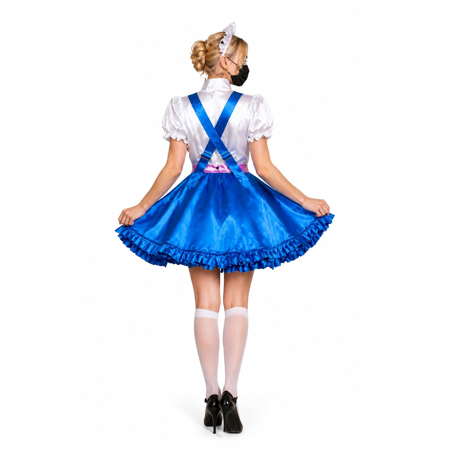 Blue satin sissy maid dress with white blouse, ruffled skirt, and suspenders, worn with white stockings and heels
