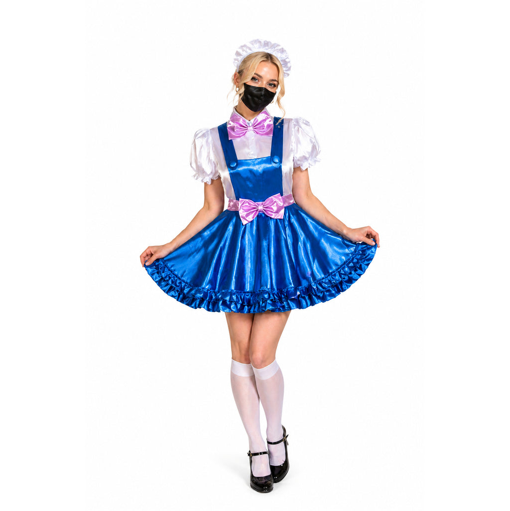 Blue satin sissy maid dress with pink bow, white blouse, and ruffled skirt