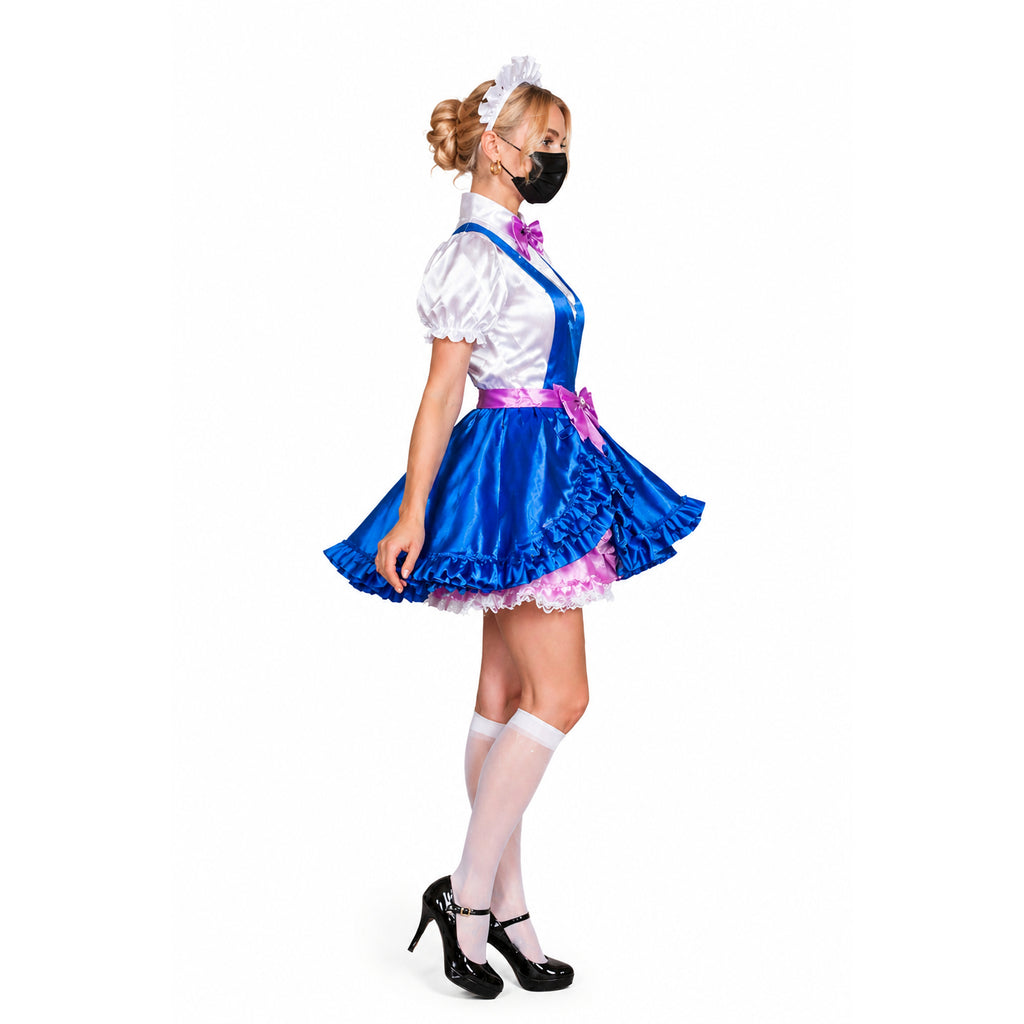 Blue and white sissy maid dress with pink bow, ruffles, and satin finish, paired with white stockings and black heels