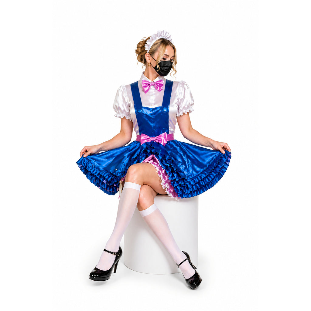 Blue sissy maid dress with pink bow, white blouse, and ruffled skirt, styled with white stockings and heels.