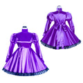 Purple sissy maid dress with puffed sleeves, lace trim, and satin finish for elegant costume fashion