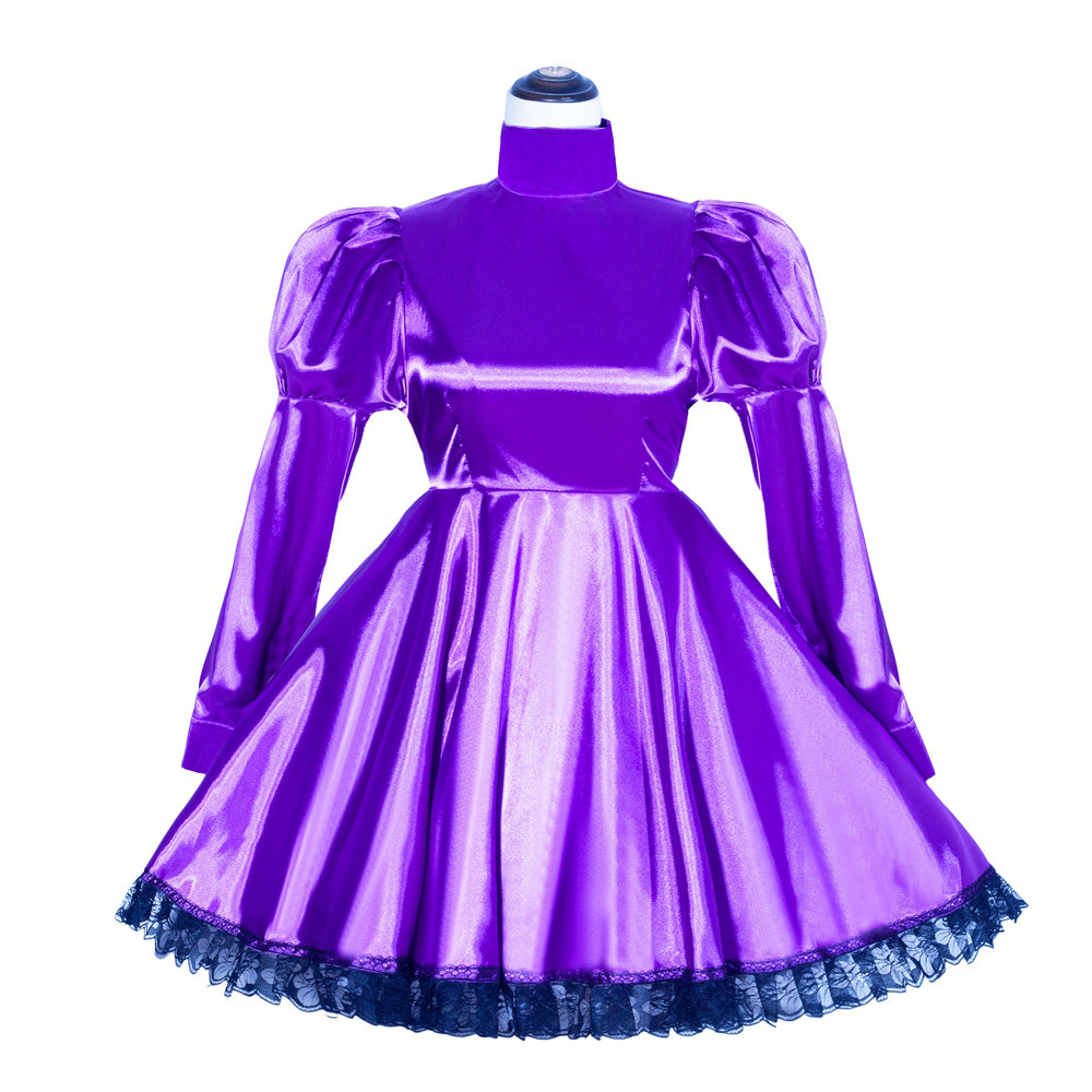 Purple sissy maid dress with puffed sleeves and lace trim, elegant satin costume