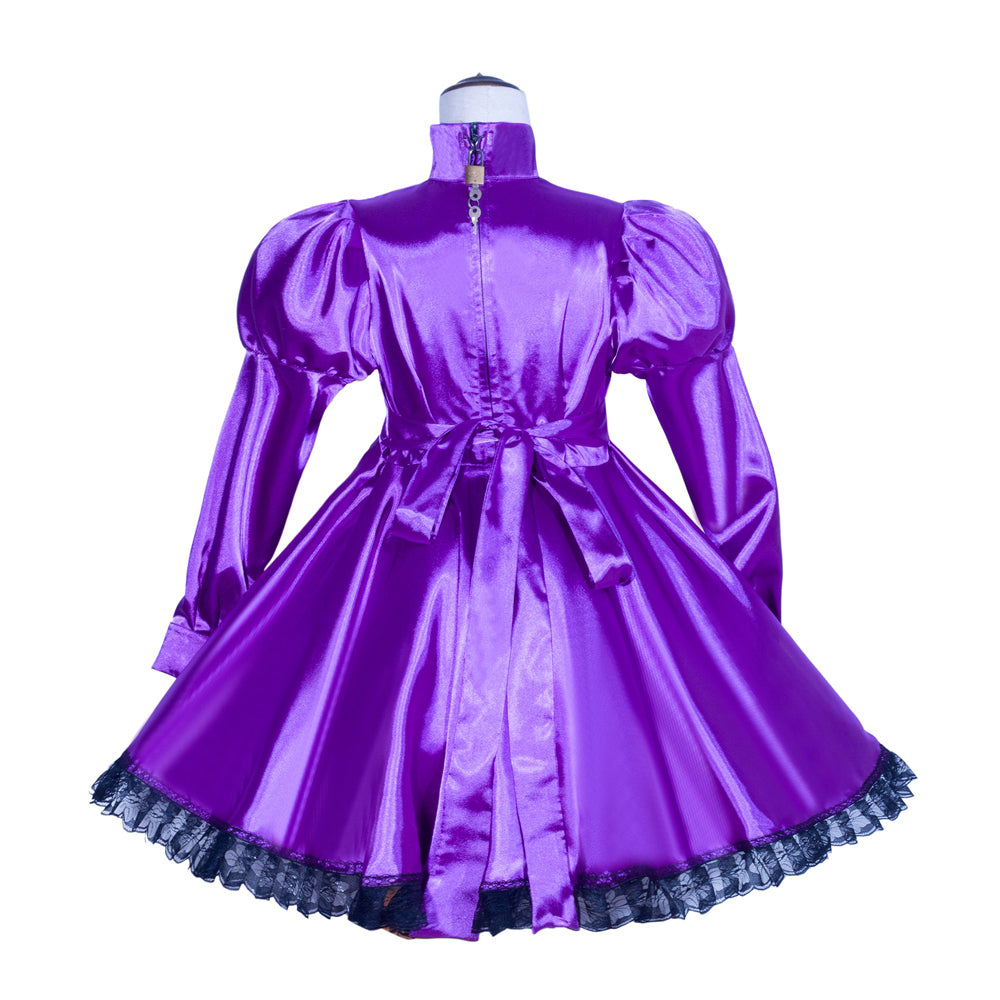 Purple sissy maid dress with puffed sleeves, lace trim, and back zipper, crafted in satin for elegant costume fashion.