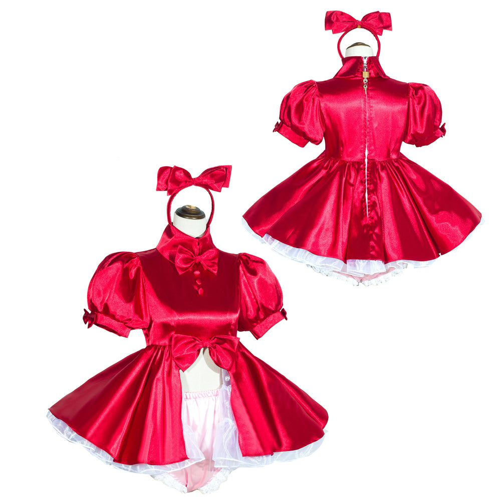 Red sissy maid dress set with bow headband, puffed sleeves, and white lace trim, shown front and back