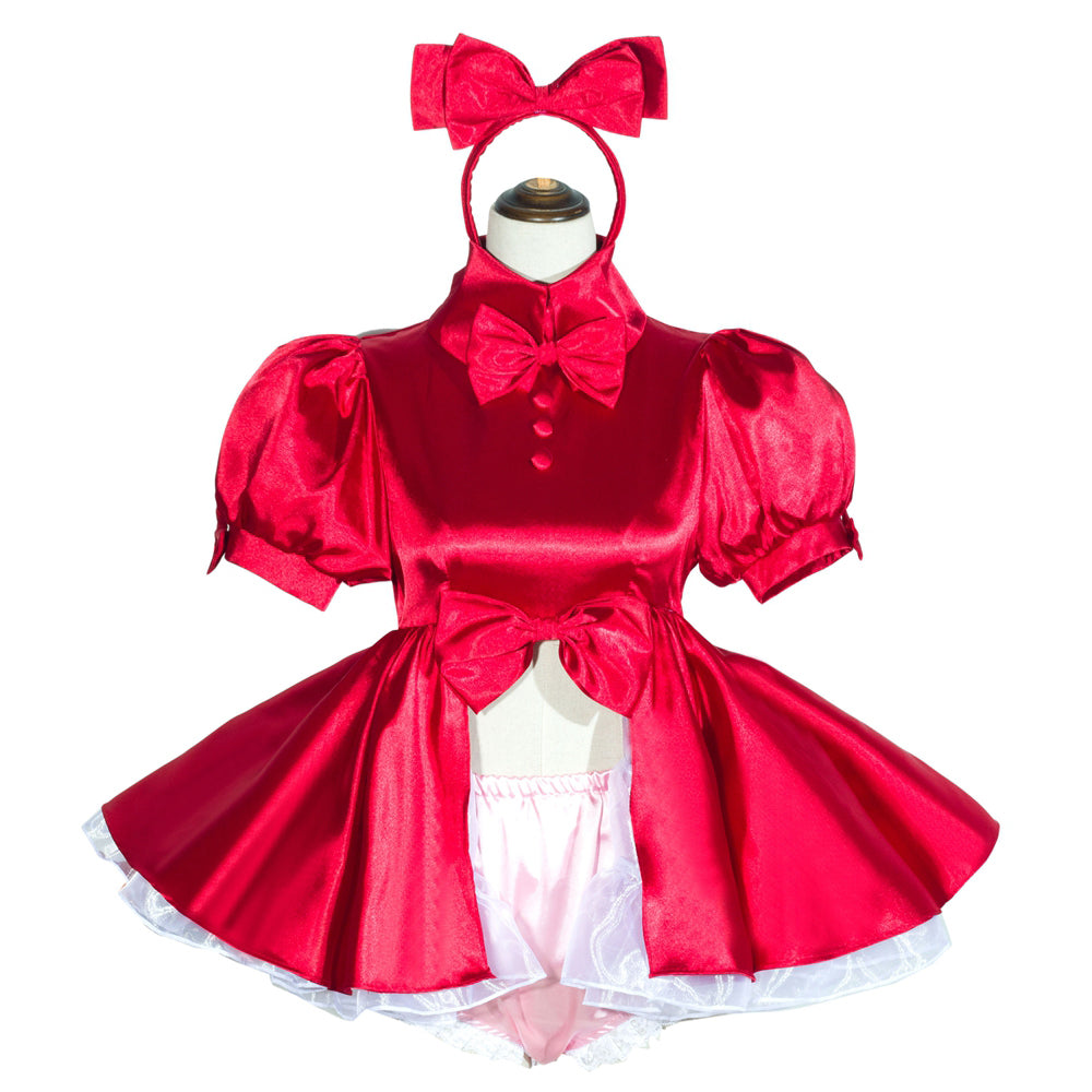 Red sissy maid dress with bow headband, puffed sleeves, and satin finish, displayed on mannequin