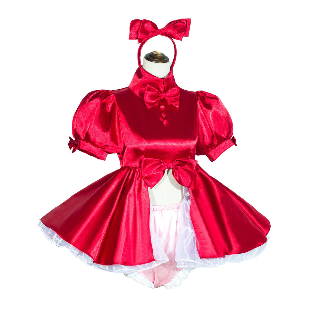 Red satin sissy maid dress with bow headband, puffed sleeves, and white lace trim