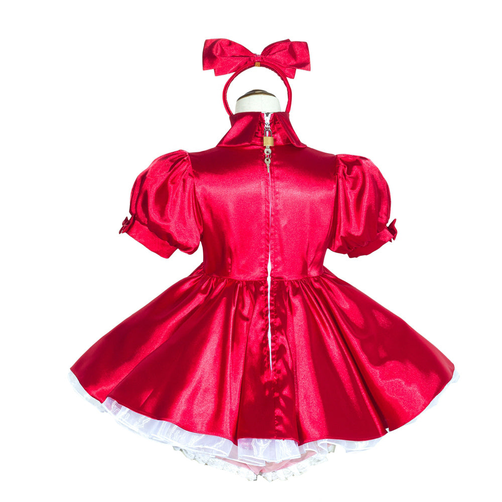 Red satin sissy maid dress with puff sleeves, white lace trim, and matching bow headband