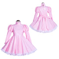 Pink sissy maid dress with puffed sleeves, lace trim, and back bow, shown front and back